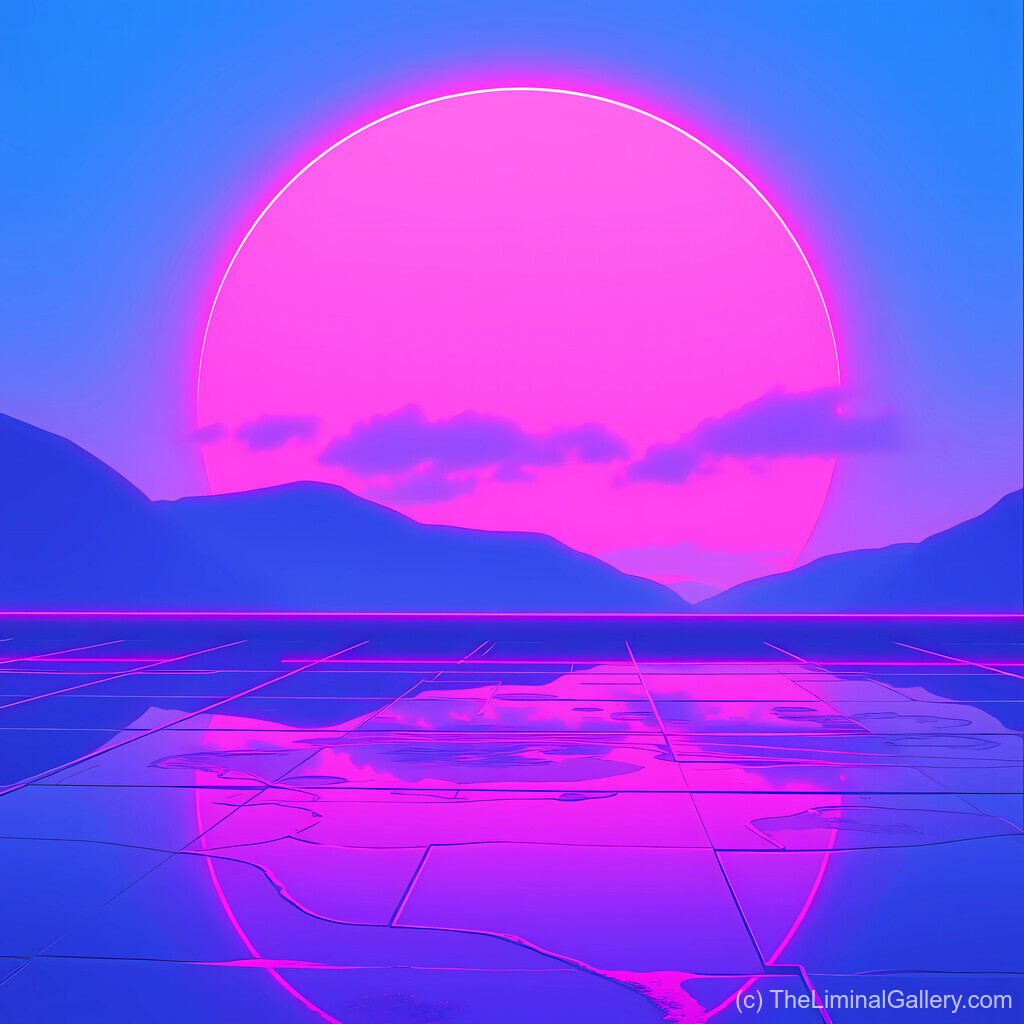 A radiant neon sunset blending pink and blue hues, evoking 80s nostalgia and futuristic synthwave art.